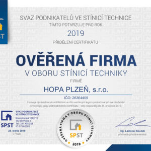 Certifikát ověřená firma v oboru stínicí techniky