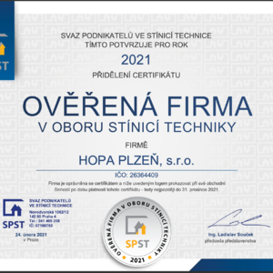 Certifikát ověřená firma v oboru stínicí techniky