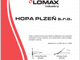 Certifikát LOMAX industry